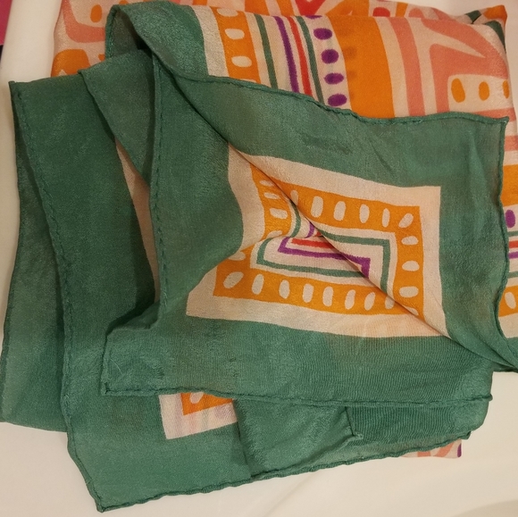 Bill Haire Vintage Orange & Green Art Deco Square Scarf  25"x 25" - Picture 5 of 8